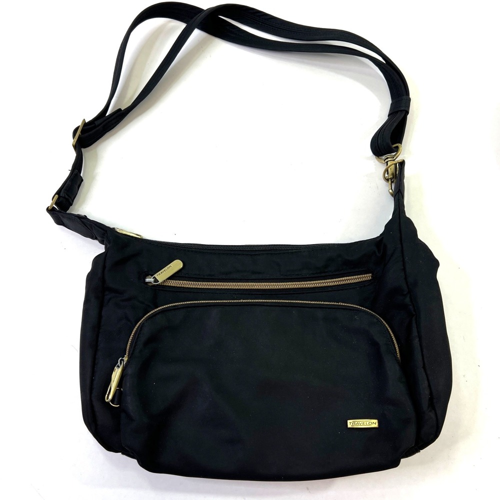 Travelon Black Crossbody Shoulder Bag Purse Travel Organizer Blue‎ Lining 12x4x8